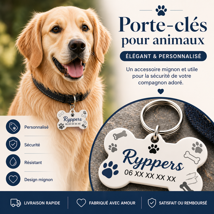 Porte-clés Chien Personnalisé 🐾 – Prénom & Numéro Gravés
